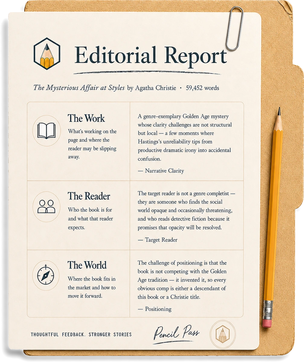 A Pencil Pass editorial report — The Work, The Reader, and The World — for The Mysterious Affair at Styles by Agatha Christie, paper-clipped in a manila folder with a pencil.